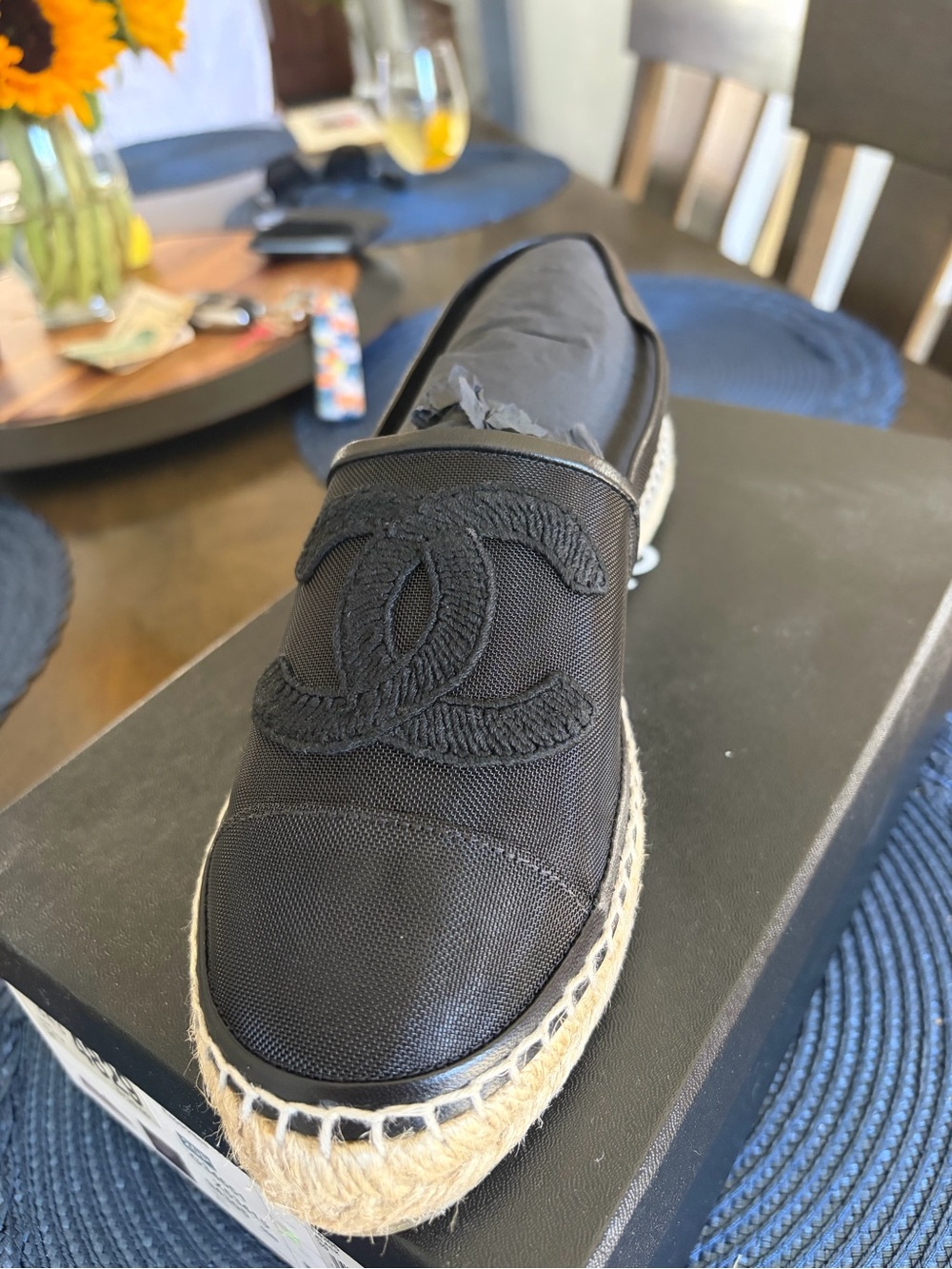 CHANEL Black Canvas Espadrille with Jute Sole